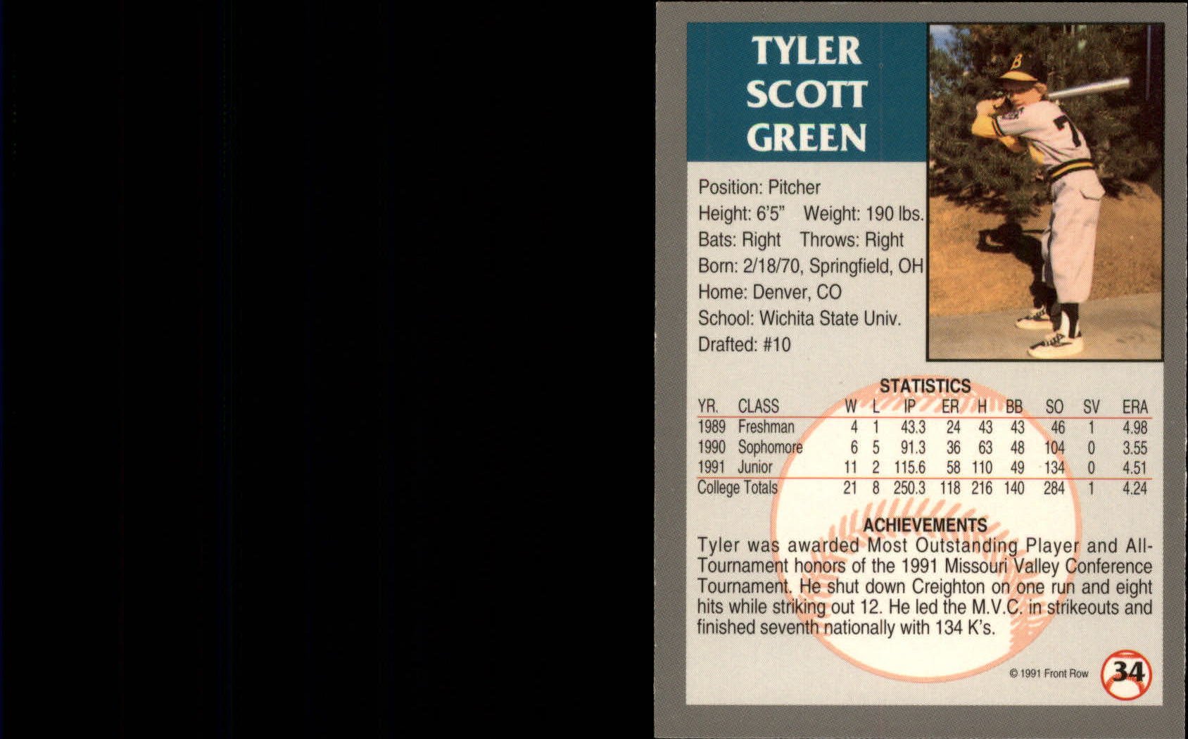 1991 Front Row Draft Picks Silver #34 Tyler Green back image
