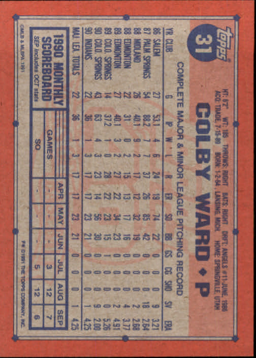 1991 Topps #31 Colby Ward RC back image