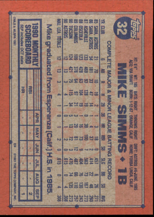 1991 Topps #32 Mike Simms RC back image