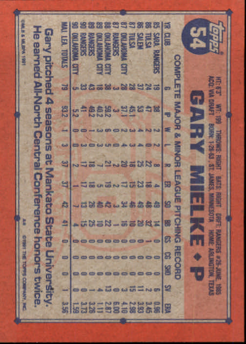 1991 Topps #54 Gary Mielke back image