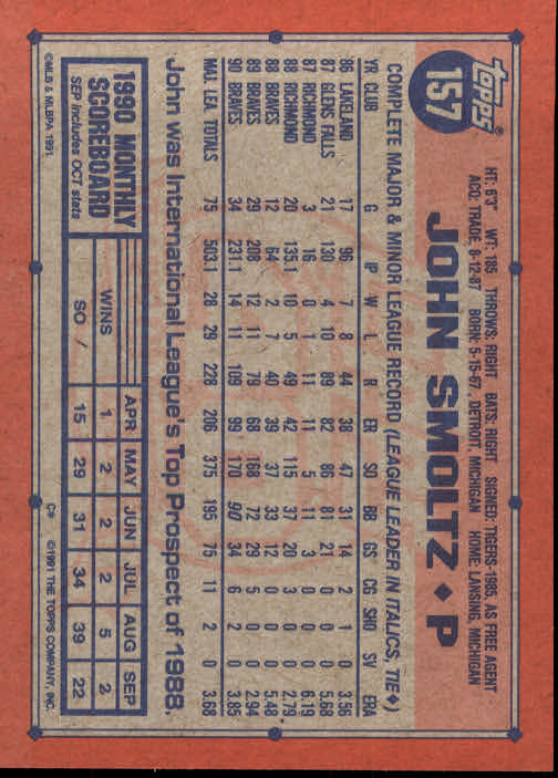 1991 Topps John Smoltz Baseball Card #157 Nm-Mint FREE SHIPPING