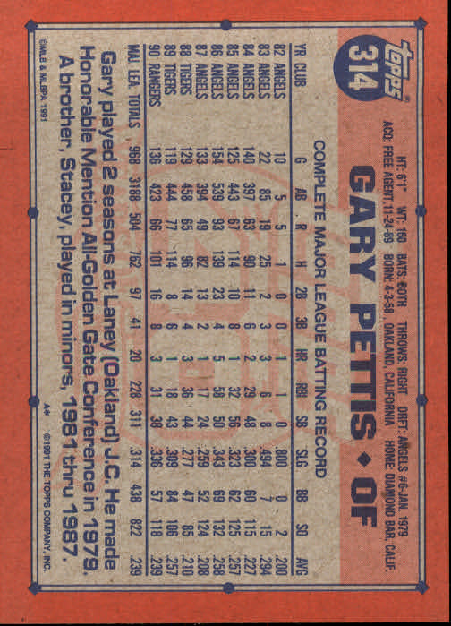 1991 Topps #314 Gary Pettis back image