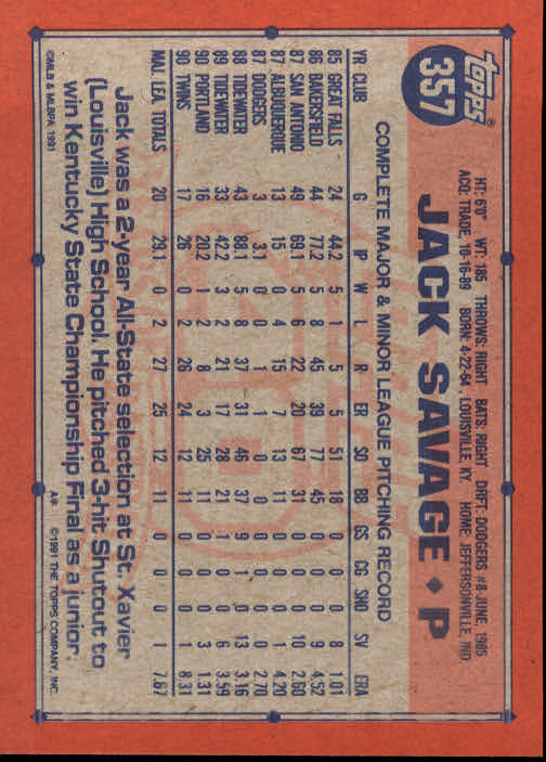 1991 Topps #357 Jack Savage back image