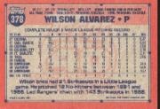 1991 Topps #378B Wilson Alvarez COR/Text still says 143/K's in 1988, /whereas stats say 134 back image