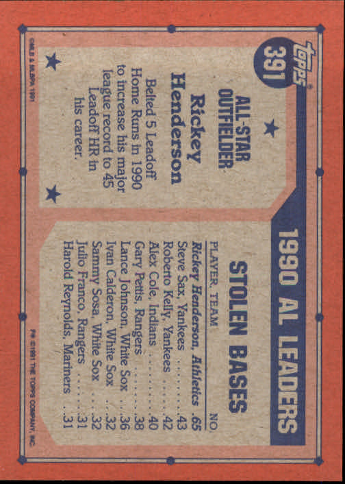 1991 Topps #391 Rickey Henderson AS back image