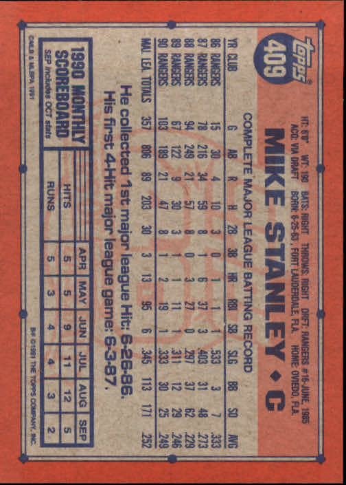 1991 Topps #409 Mike Stanley back image