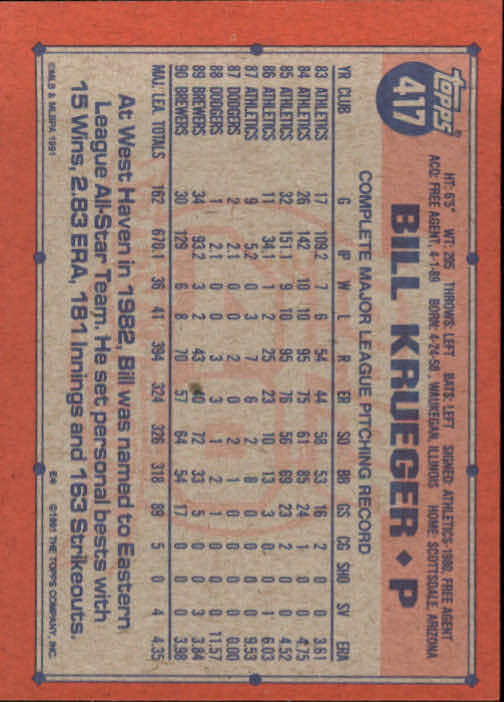 1991 Topps #417 Bill Krueger back image