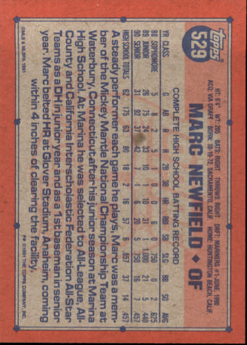 1991 Topps #529 Marc Newfield RC back image