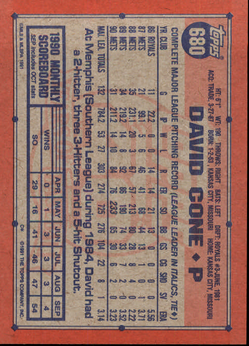 1991 Topps #680 David Cone back image