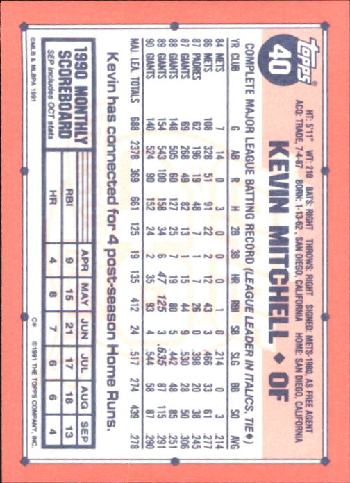 1991 Topps Tiffany #40 Kevin Mitchell back image