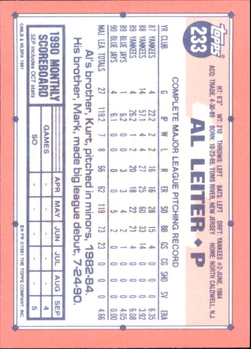 B6824- 1991 Topps Tiffany Baseball Card #s 201-400 -You Pick- 15+ FREE US SHIP - Picture 63 of 359