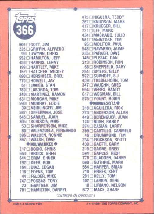 B6824- 1991 Topps Tiffany Baseball Card #s 201-400 -You Pick- 15+ FREE US SHIP - Picture 307 of 359