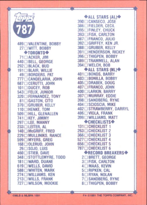 B6824- 1991 Topps Tiffany Baseball Card #s 601-792 -You Pick- 15+ FREE US SHIP - Picture 347 of 355