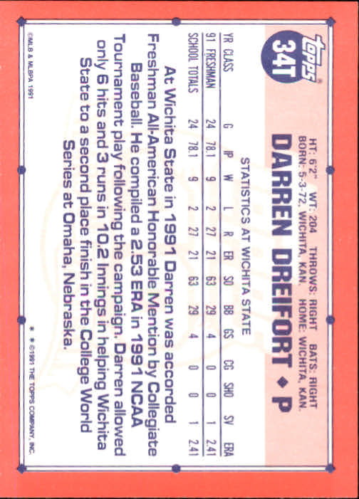 1991 Topps Traded #34T Darren Dreifort USA RC back image