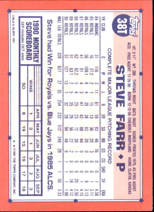 1991 Topps Traded #38T Steve Farr back image