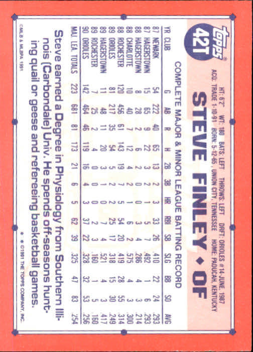 1991 Topps Traded #42T Steve Finley back image
