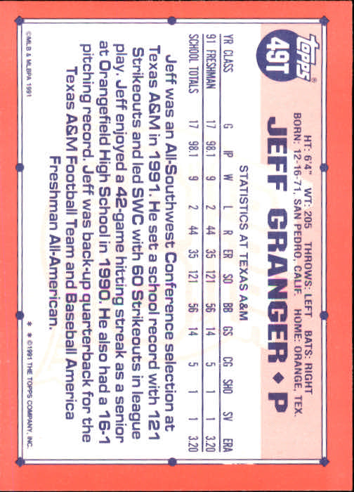1991 Topps Traded #49T Jeff Granger USA RC back image
