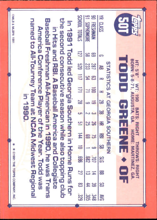 1991 Topps Traded #50T Todd Greene USA RC back image
