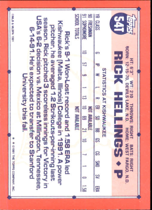 1991 Topps Traded #54T Rick Helling USA UER RC (Misspelled Hellings on card back) back image