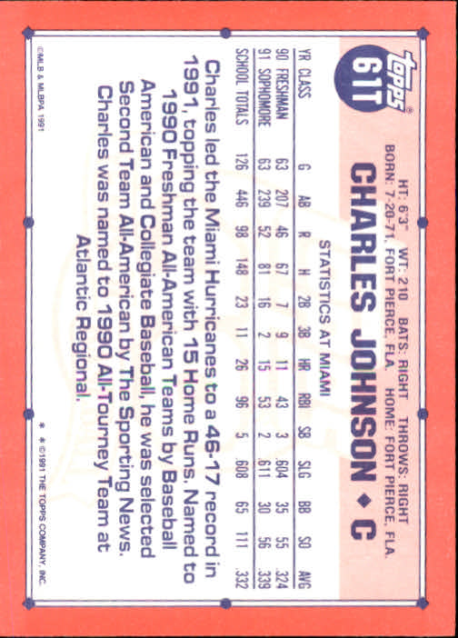 1991 Topps Traded #61T Charles Johnson USA RC back image