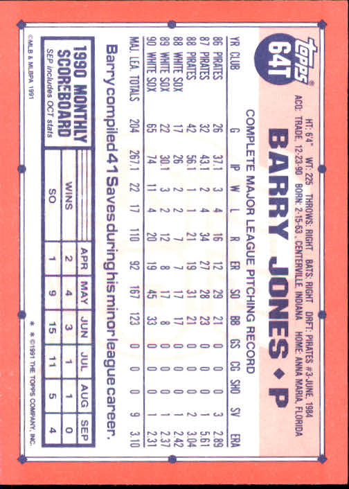 1991 Topps Traded #64T Barry Jones back image