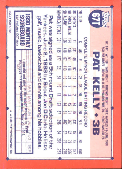 1991 Topps Traded #67T Pat Kelly RC back image