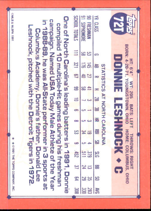 1991 Topps Traded #72T Donnie Leshnock USA RC back image