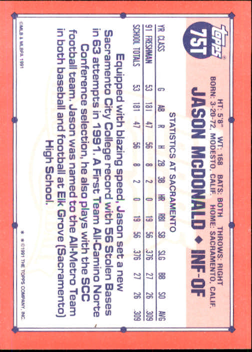 1991 Topps Traded #75T Jason McDonald USA RC back image