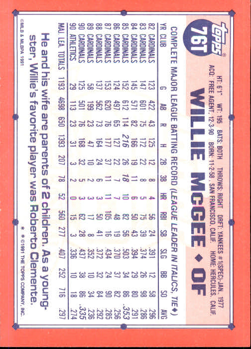 1991 Topps Traded #76T Willie McGee back image
