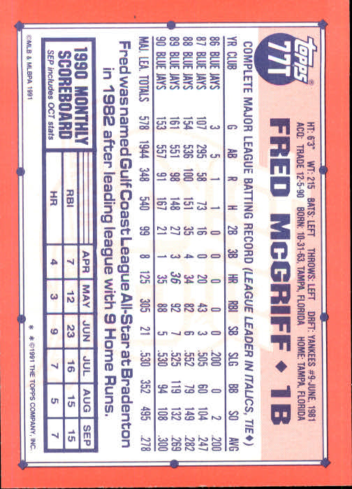 1991 Topps Traded #77T Fred McGriff back image