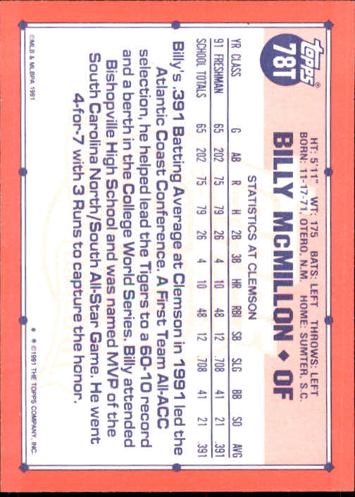 1991 Topps Traded #78T Billy McMillon USA RC back image