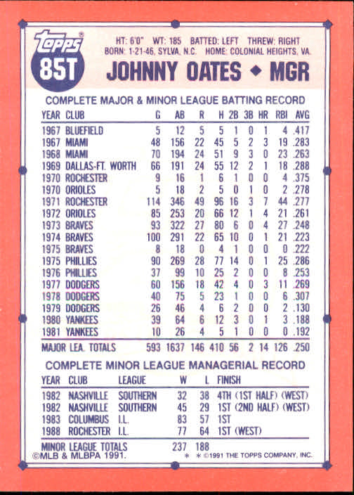 1991 Topps Traded #85T Johnny Oates MG back image