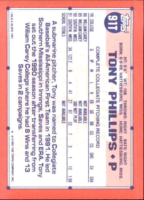 1991 Topps Traded #91T Tony Phillips (P) USA RC back image