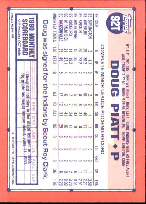 1991 Topps Traded #92T Doug Piatt RC back image