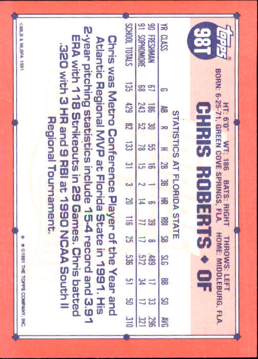 1991 Topps Traded #98T Chris Roberts USA RC back image