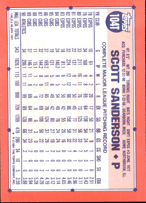 1991 Topps Traded #104T Scott Sanderson back image