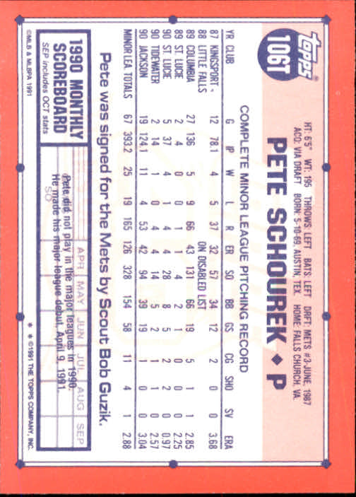 1991 Topps Traded #106T Pete Schourek RC back image