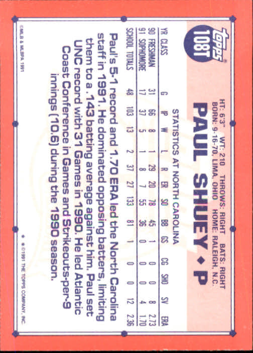 1991 Topps Traded #108T Paul Shuey USA RC back image
