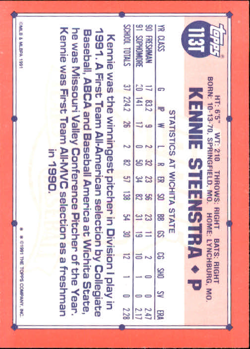 1991 Topps Traded #113T Kennie Steenstra USA RC back image