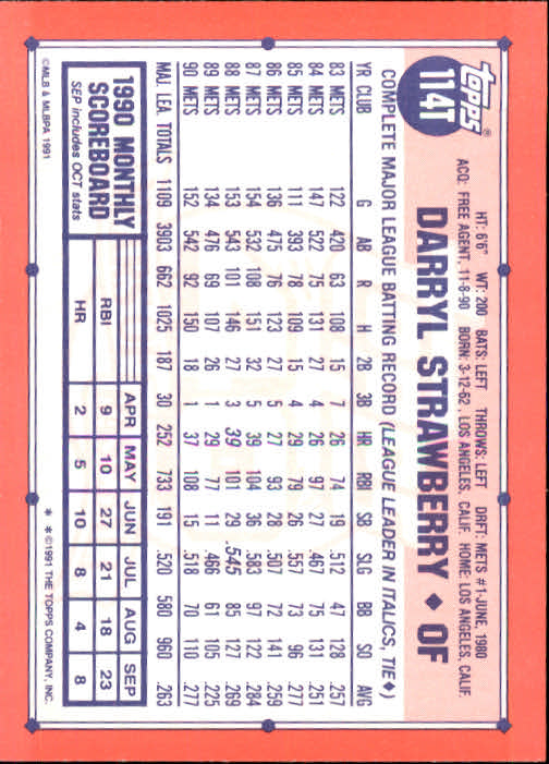 1991 Topps Traded #114T Darryl Strawberry back image