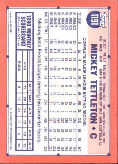 1991 Topps Traded #119T Mickey Tettleton back image