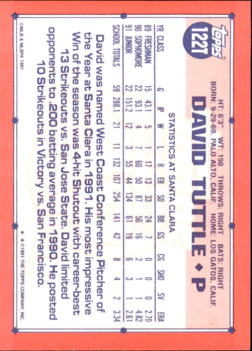 1991 Topps Traded #122T David Tuttle USA RC back image