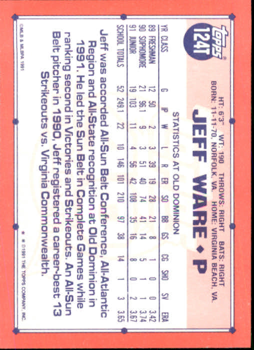 1991 Topps Traded #124T Jeff Ware USA RC back image