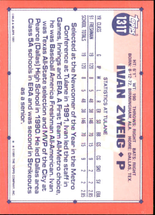 1991 Topps Traded #131T Ivan Zweig USA RC back image