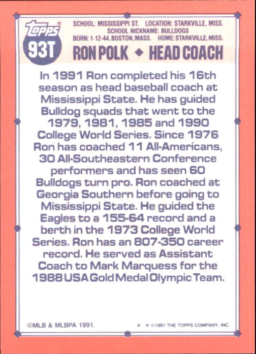 1991 Topps Traded Tiffany #93T Ron Polk USA CO back image