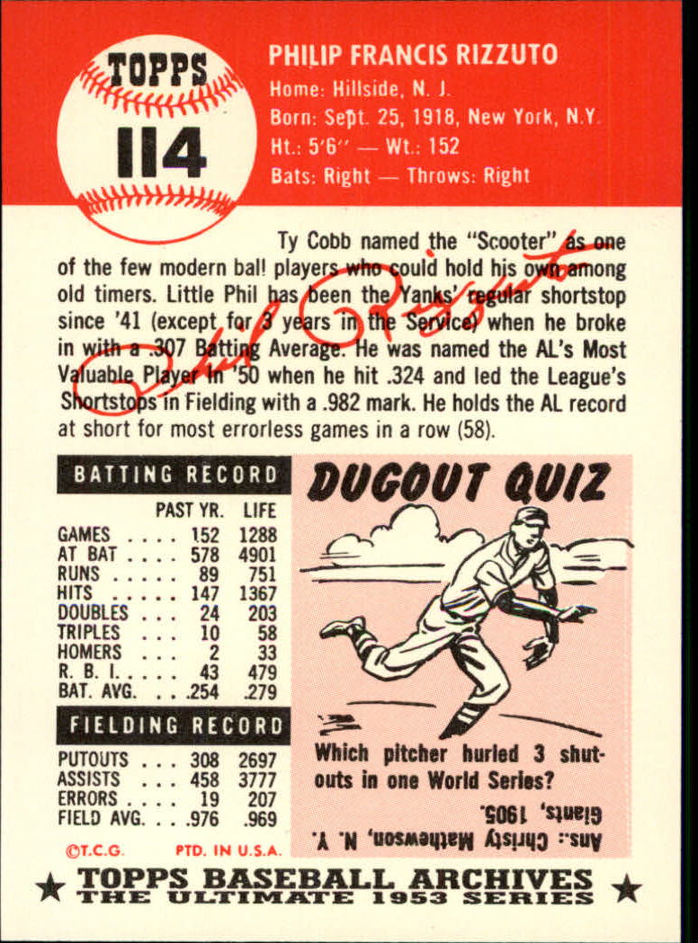 1991 Topps Archives '53 #114 Phil Rizzuto back image