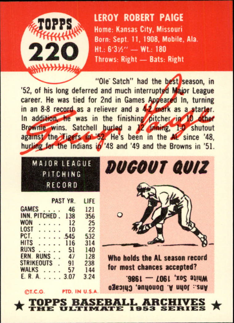 1953 topps satchel paige reprint card
