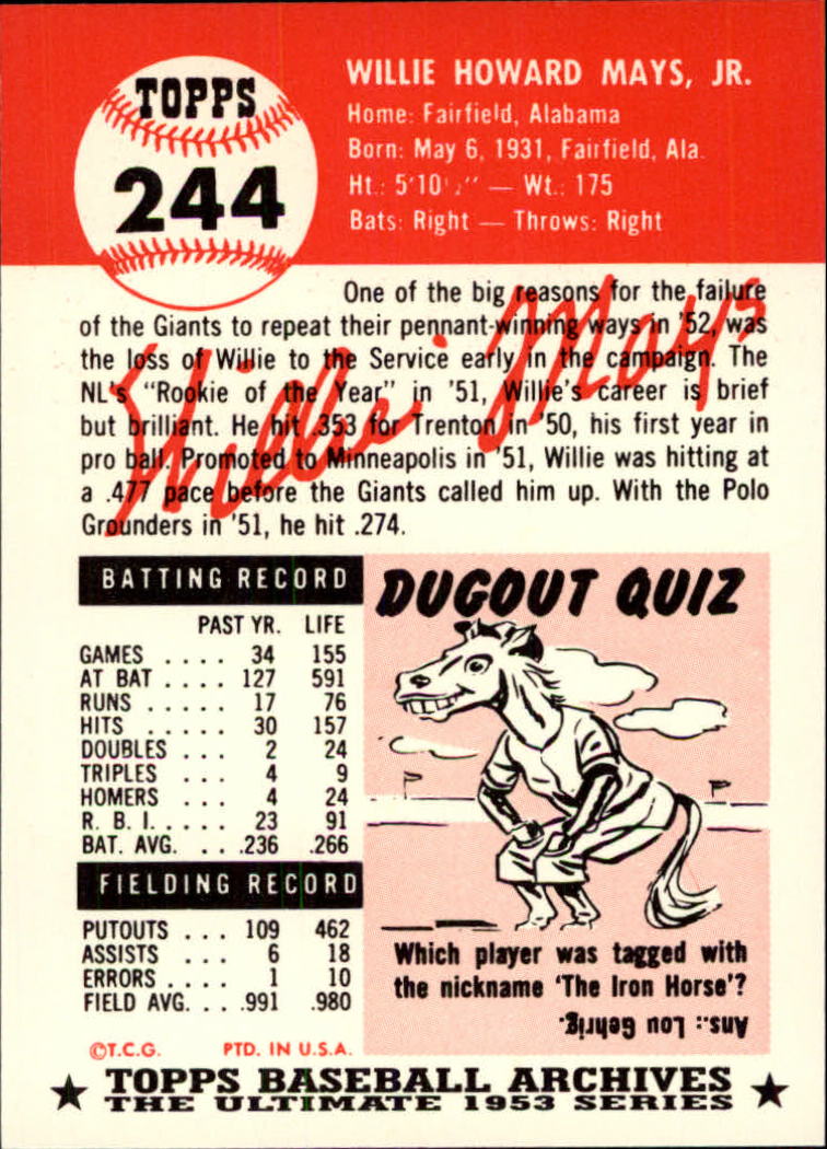 1991 Topps Archives '53 #244 Willie Mays back image