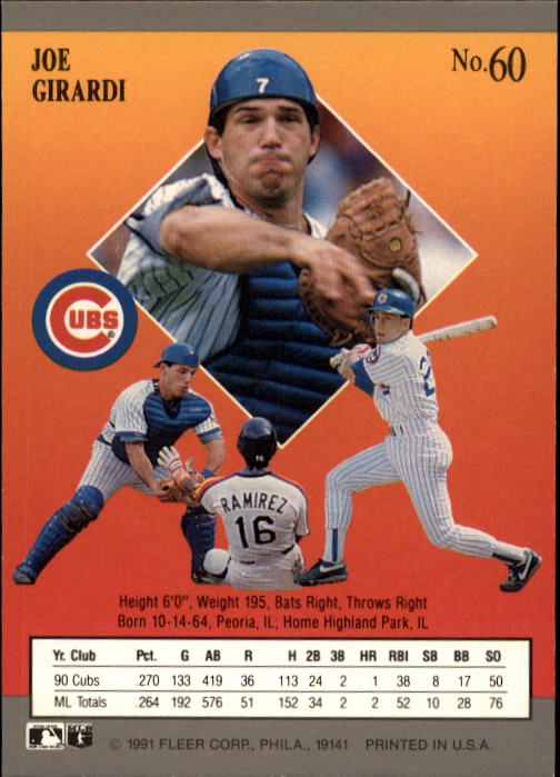 1991 Ultra #60 Joe Girardi UER/Bats right, LH hitter/shown is Doug Dascenzo back image