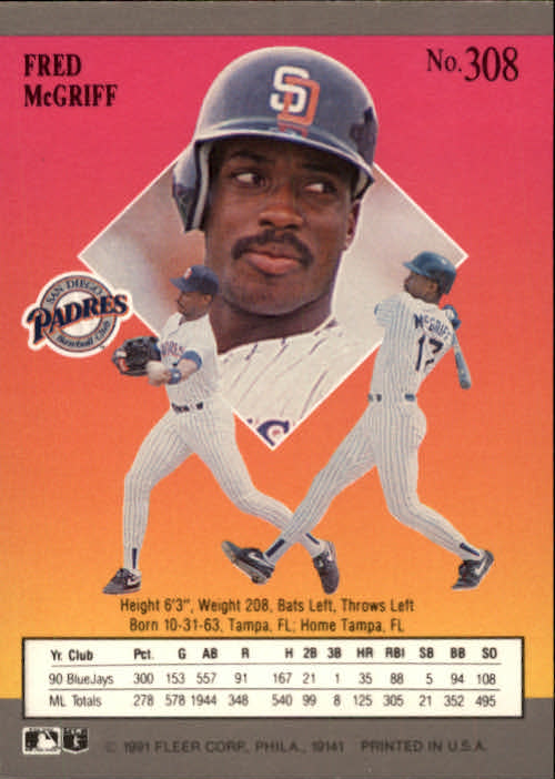 1991 Ultra #308 Fred McGriff back image